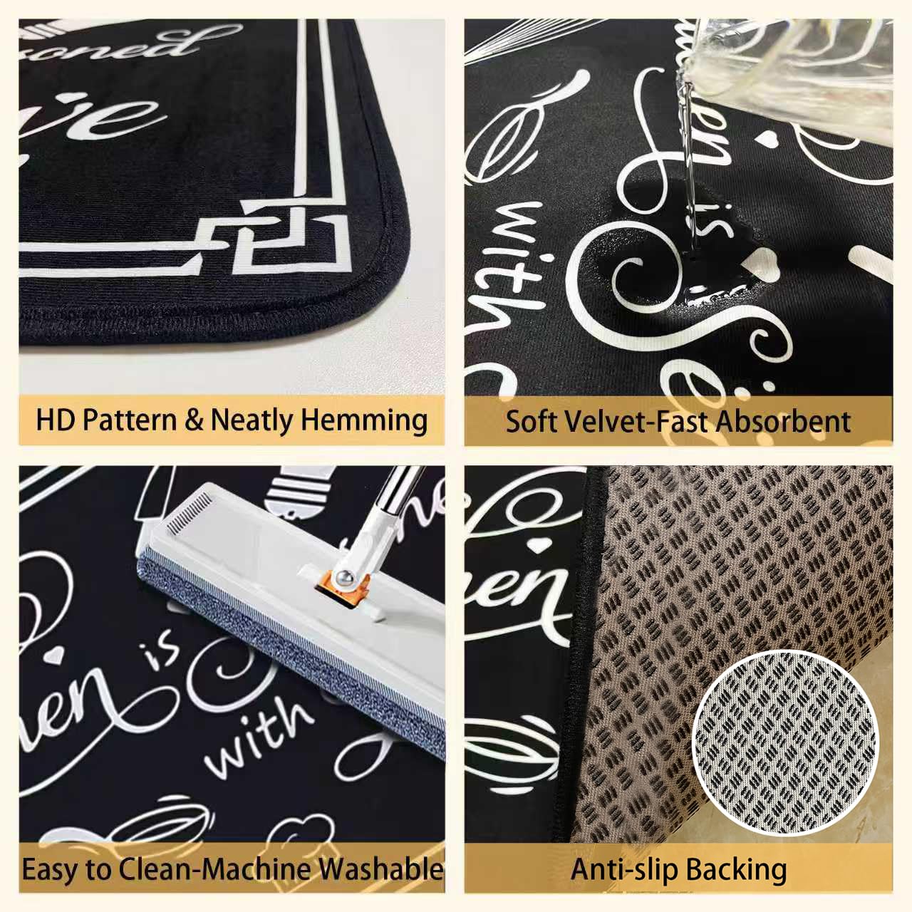 Voanos Black and White Kitchen Rugs,Non Skid Washable Microfiber mats for Kitchen Floor,Kitchen Rules Theme Cushioned Runner Rug Decor Sets of 2,Size 17"x 47"+17"x 30"