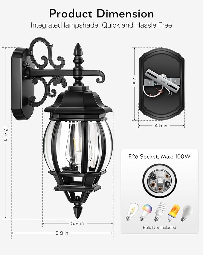 VIANIS Dusk to Dawn Outdoor Lighting Fixture for House, Black Exterior Wall Light Wall Mount Sconce with Tempered Glass, Modern Front Porch Light Lantern for Patio, Anti-Rust Coach Lights for Garage