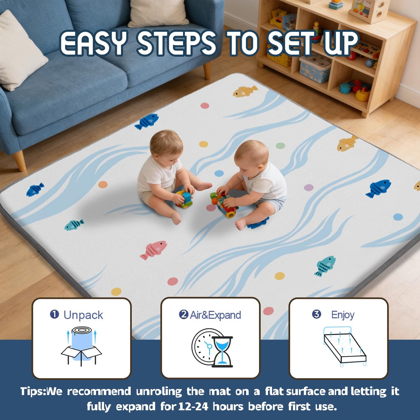 TreeBud Baby Play Mat for Floor, 1.3-Inch Thickened Foam Soft Padded Coral Velvet Playmat for Tummy Time, 59x71 Water-Repellent Playpen Mat for Toddlers Infant Kids, Cute Little Fish Print