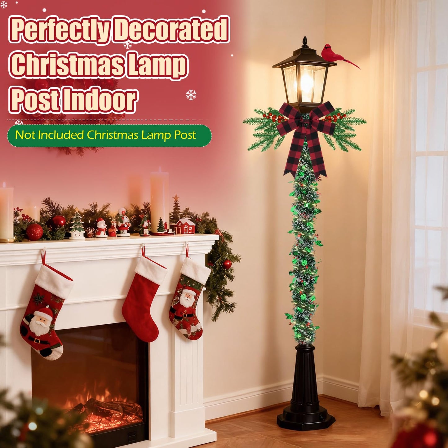 YIBOBO 13Pcs Christmas Lamp Post Decoration Set Include String Light, Pine Branches, Red Berries, Tinsel Garlands, Checkered Bow and Cardinal Bird for Outdoor Holiday Porch Lawn, NOT Include Lamp Post