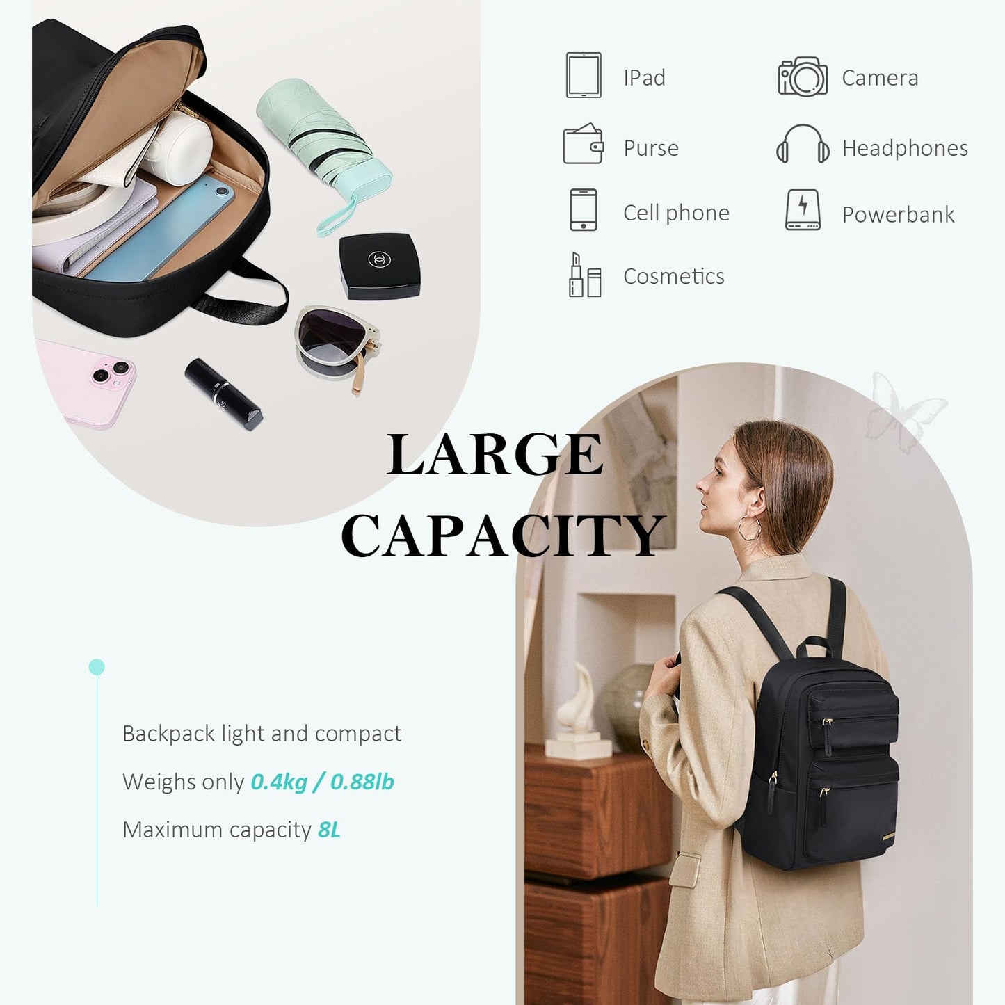 GOLF QUALITY Mini Backpack for Women Lightweight Small Waterproof Backpack Purses Daily Daypack,fit 10.2Inch iPad,Black