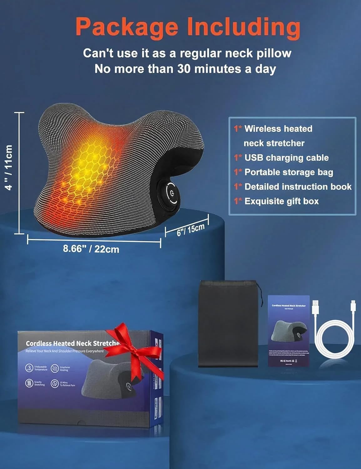 Wireless Heated Neck Stretcher for Pain Relief, Portable Cordless Neck Shoulder Cervical Traction Device with Graphene Heating Pad No Smell Magnetic Therapy Case Relaxer for TMJ Migraine Spine Alignme
