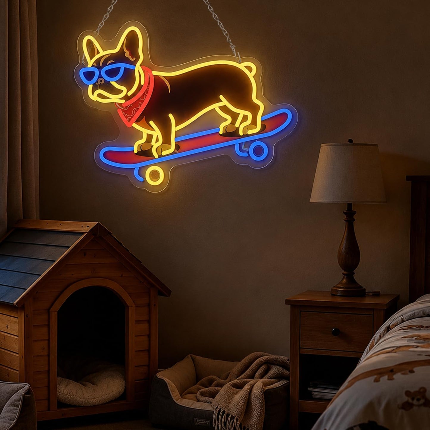 French Bulldog Skateboarding Neon Sign, Skateboard Dog Frenchie Wearing Glasses Neon Signs, Dimmable LED Bulldog Wall Art Decor, Frenchie Dog Lover Gifts