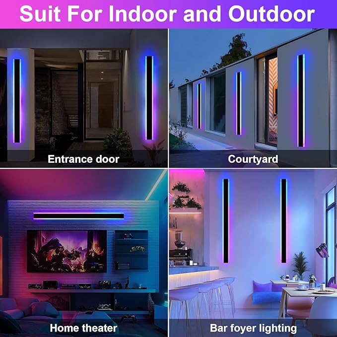 2 Pack RGB Outdoor Led Wall Light for House,60 inch Modern Long Outdoor Wall Lights,Dimmable Large Outside Linear Light Fixture,Exterior Long Linear Light for Porch,Patio,Garage,Enterway