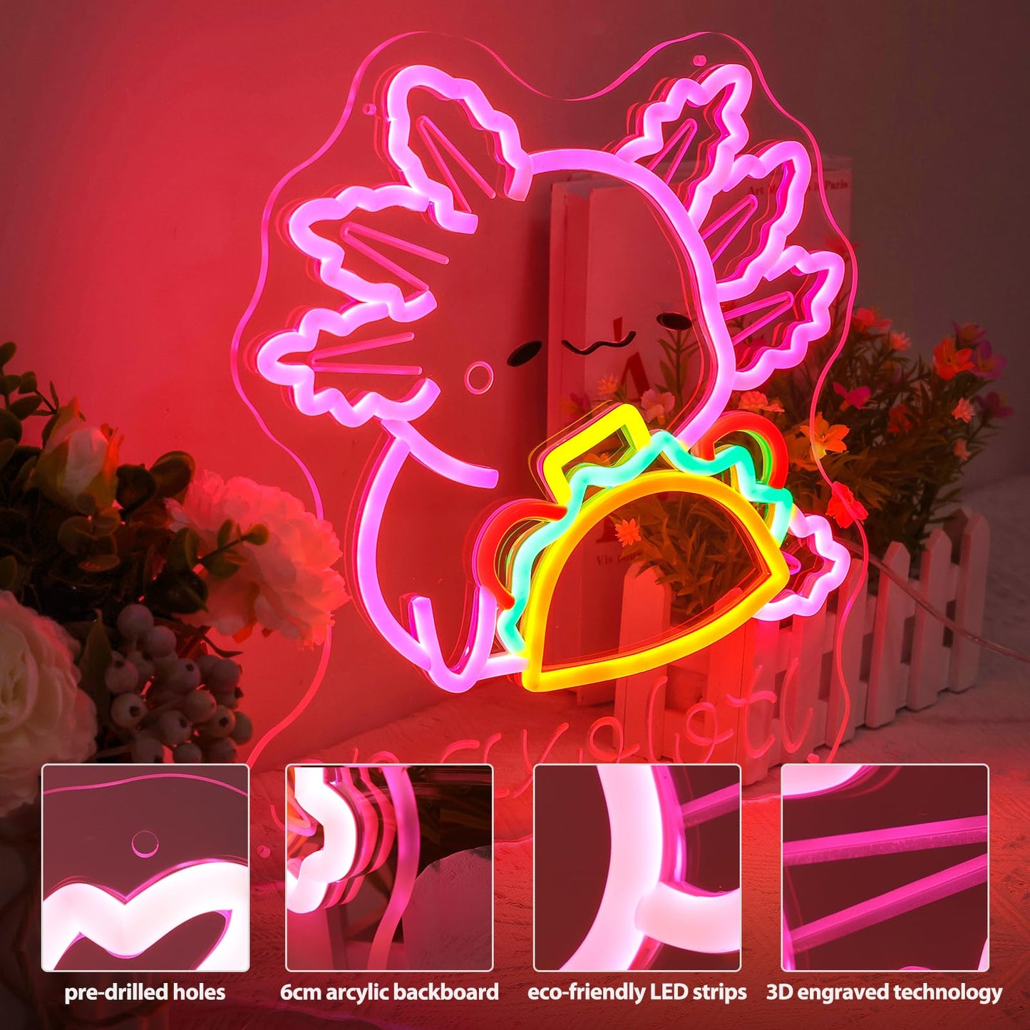 Snaxolotl Neon Sign, Dimmable Taco Axolotl LED Neon Light for Mexican Food pizzeria Restaurant Taco Bar Party Decor, for Girl’s Bedroom, Gift for Kids, Teens, and Axolotl Lovers