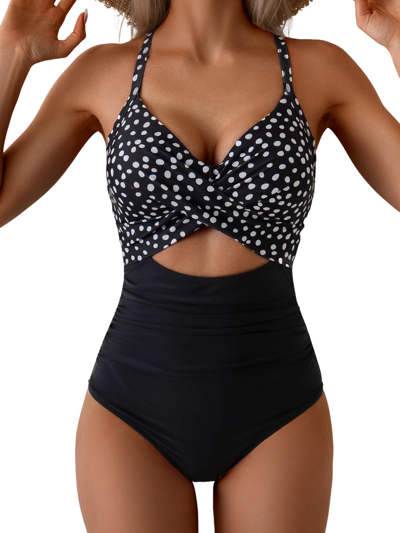 Eomenie Women's One Piece Swimsuits Tummy Control Cutout High Waisted Bathing Suit Wrap Tie Back 1 Piece Swimsuit Balck and White