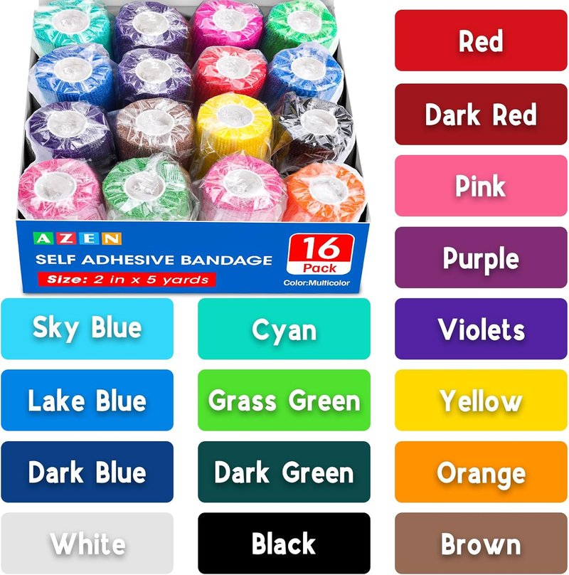 Self Adhesive Bandage Wrap - 16 Pack Elastic Cohesive Tape | 2" X 5 Yards, Colorful Athletic & Vet Wrap