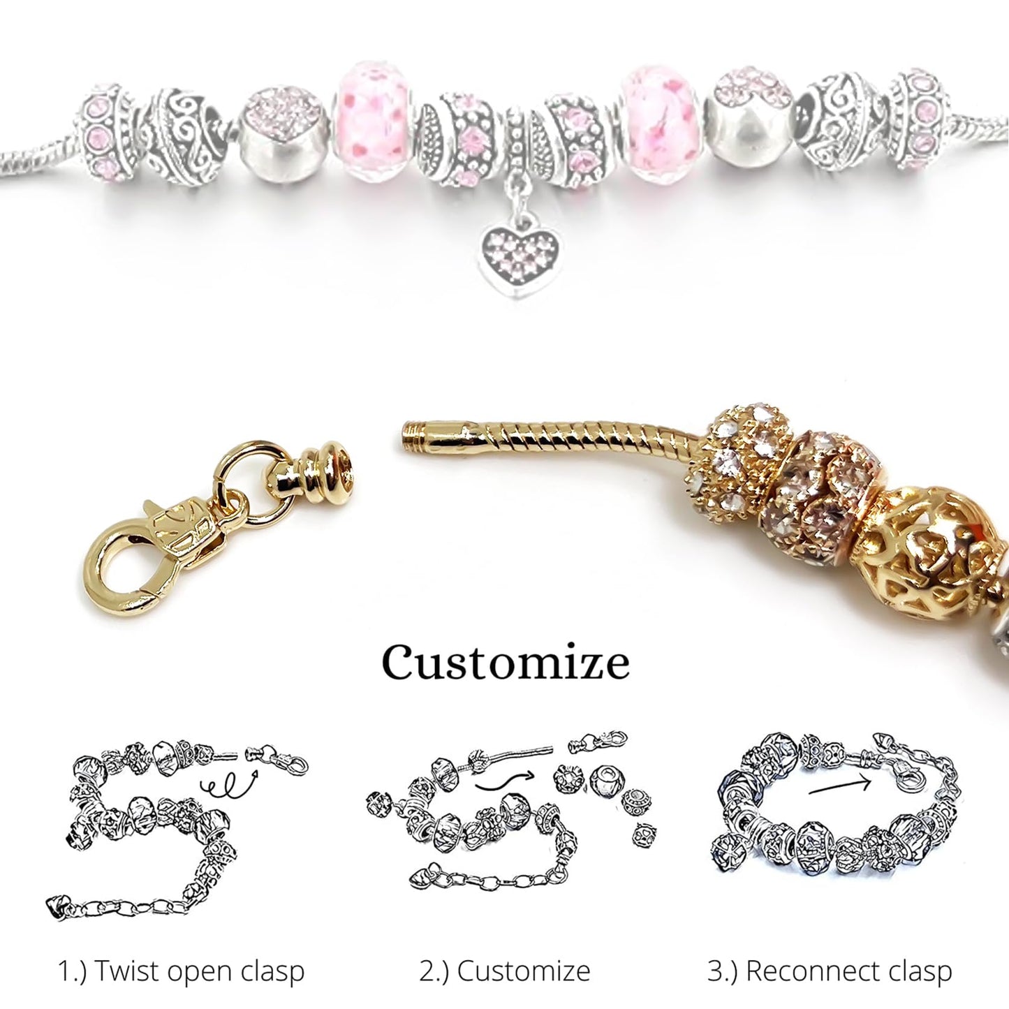 VTEAS 2 Pack Charm Bracelets Pink and Gold Heart Silver Plated Charm Bracelet, DIY Jewelry for Women Gifts, with Beads, Crystal, Charms, Love and Adjustable Snake Chain, Fits 7.5"+1.5"