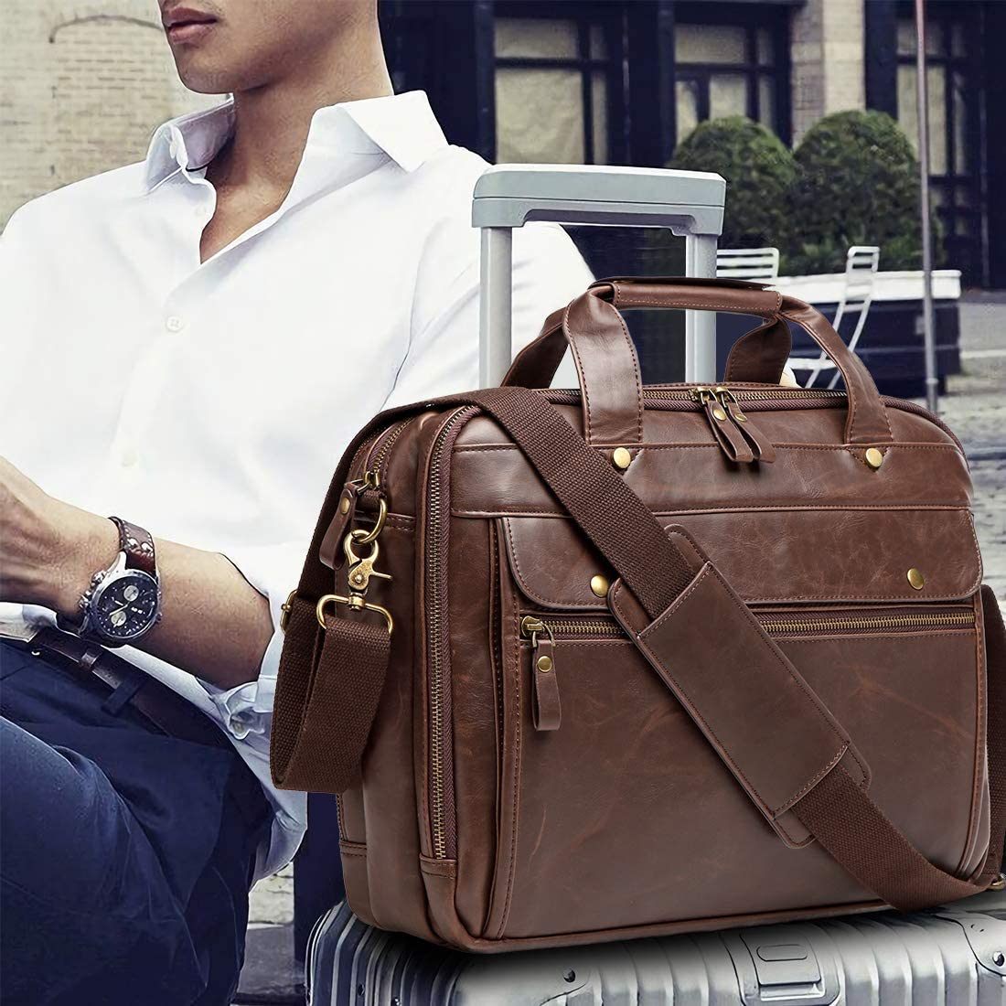 Bosidu Leather Briefcases for Men 15.6 Inch Laptop Messenger Bag with Triple Compartments Water-Resistant Computer Shoulder Bag for Business, Travel, Work, Office, Brown