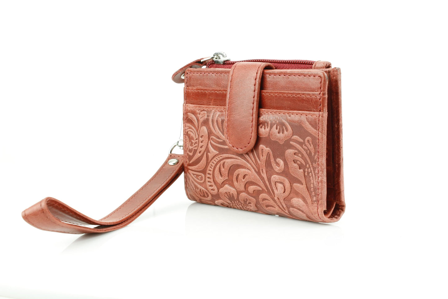 American Bison Small Fold-Over Wristlet Wallet for Women – Floral Embossed Filigree Clutch with Snap Closure, Zip Coin Pocket, Card Slots & ID Window (Red)