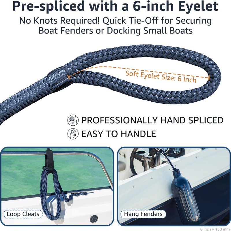PACTHSD 3/8" x 10' Boat Fender Lines (4-Pack) - Double Braided Nylon Dock Lines for Boats - Marine Grade Fender Ropes with 6" Eye Loop - Soft, Durable Boat Accessories for Pontoon and Small Boats