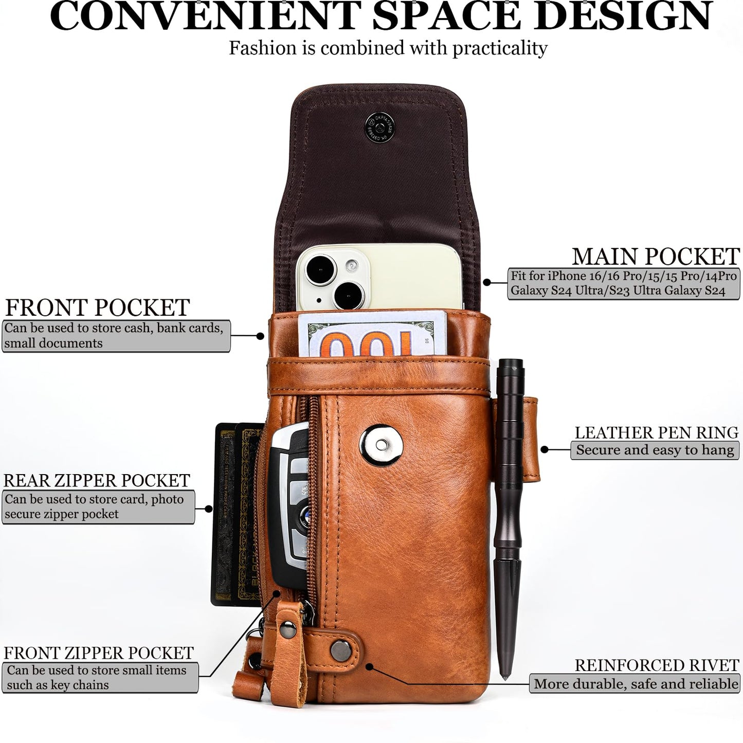 Ariscobull - Leather Phone Holster - Genuine Full-Grain Buffalo Leather Cell Phone Holsters - for iPhone 16, 15, 14, 13pro, Galaxy S24, S23, S22-7”H X 3.5" W (Coffee)