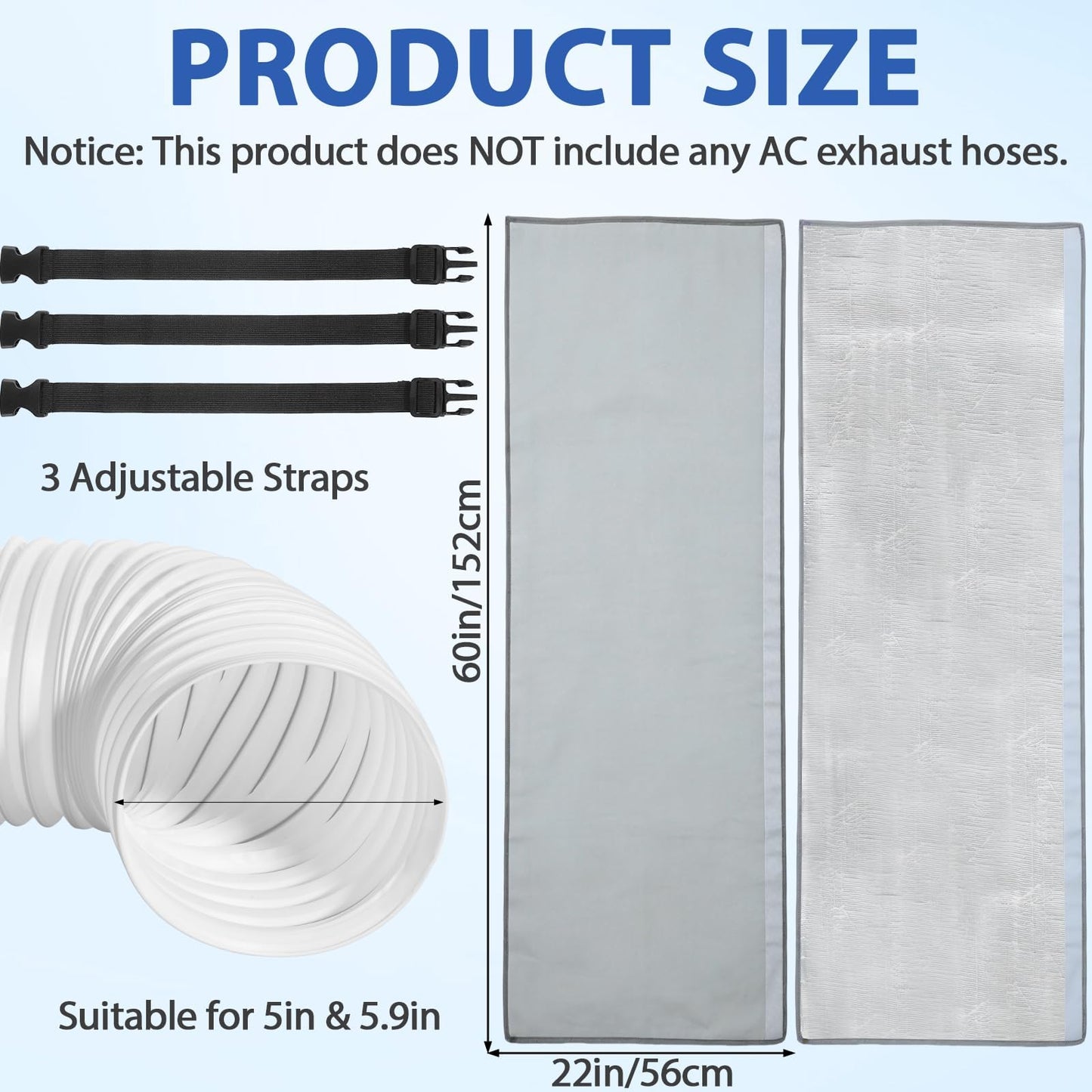 Conderyang Portable AC Hose Insulation Sleeve 60" × 22" Air Conditioner Hose Cover Wrap Fit 5" & 5.9" Diameter Triple Layer Insulation Flexible Duct Vent Cover with 3 Adjustable Buckle Bands, Gray