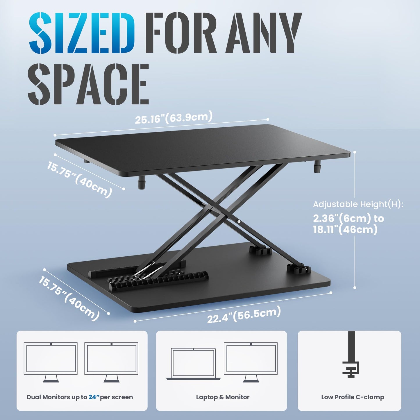 yoopin Standing Desk Converter, 25.16" × 15.75" Height Adjustable Laptop Stand for Desk, Sit Stand Monitor Stand, No Assembly Required for Home and Office Use (Black)