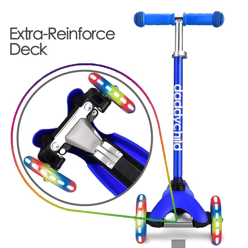 3-Wheel Kick Scooter for Kids Ages 3-8 Lean-to-Steer Toddler Scooter with Extra Wide Light Up Wheels, 4 Adjustable Heights, Foldable Scooters for Boys & Girls, Max Weight 110lbs (Blue)