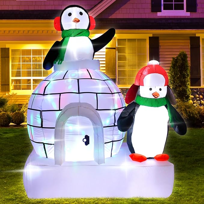 Christmas Inflatable Ice House Penguin 7 Feet Outdoor Decoration Featuring Two Adorable Penguins Ideal for Holiday Display with Built in LED Lights Perfect for Lawn Garden Entryway Christmas Party
