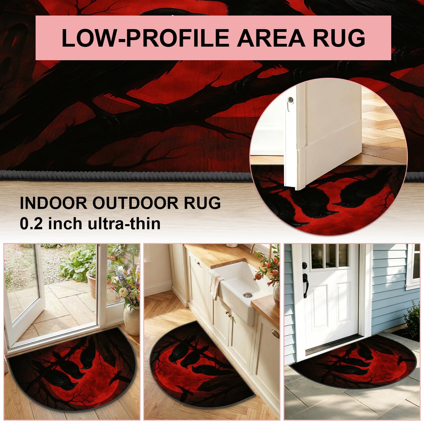 ANNA QUEEN Halloween Semicircular Entrance Door Mat 24" x 36", Gothic Raven Moon Indoor Outdoor Doormat, Non Slip Half Round Welcome Rug Low Profile for Front Door Entryway Porch Patio