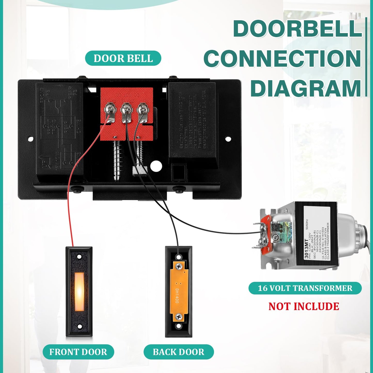 Saillong Wired Doorbell Chime with 2 Lighted Push Buttons, 16V 10VA Two Sounds Front and Rear Hardwire Door Bell Kit for Home Wall Inside, Compatible with Most Brand Doorbells(Black, White, Yellow)
