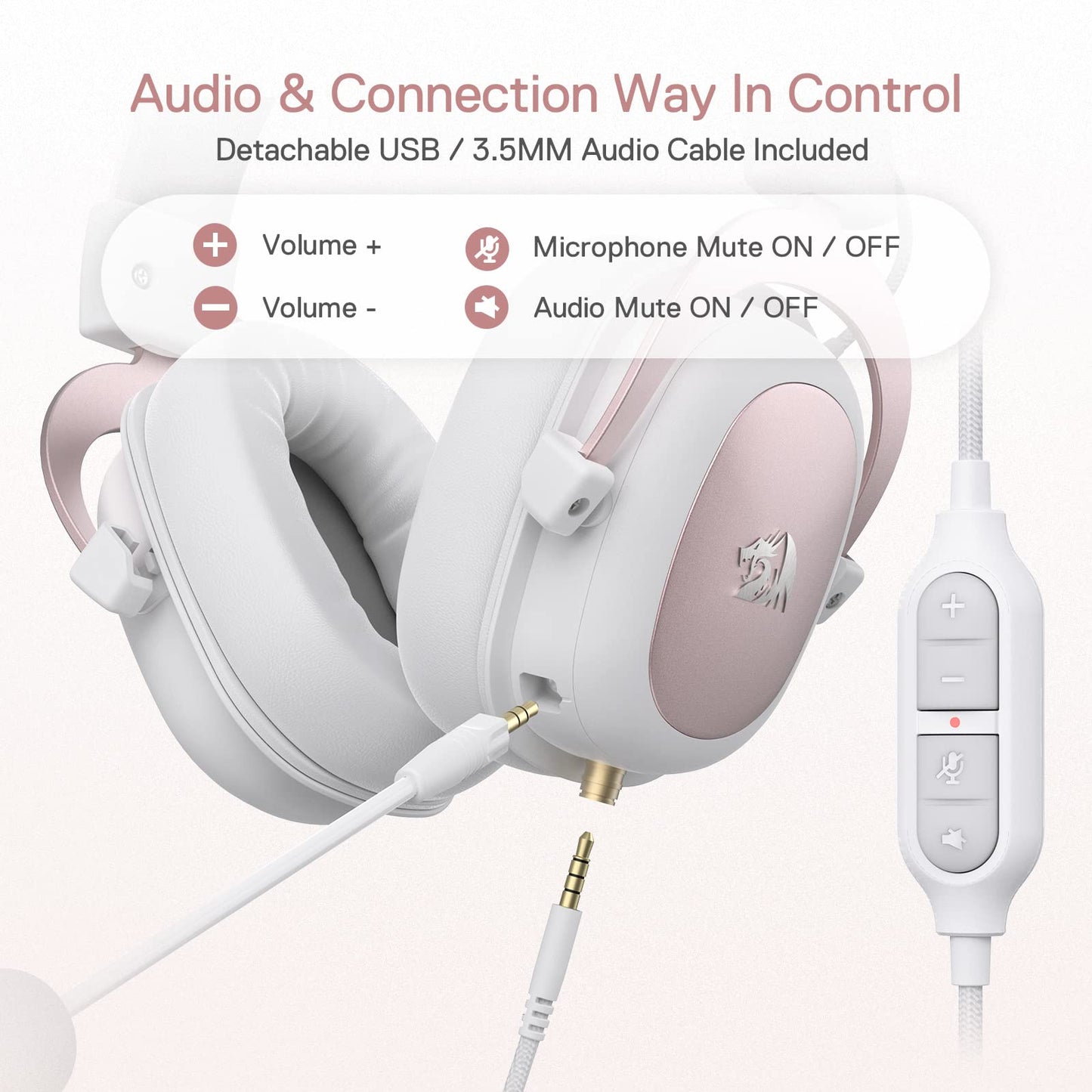 Redragon H510 Zeus White Wired Gaming Headset - 7.1 Surround Sound - Memory Foam Ear Pads - 53MM Drivers - Detachable Microphone - Multi Platforms for PC, PS4/3 & Xbox One/Series X, NS