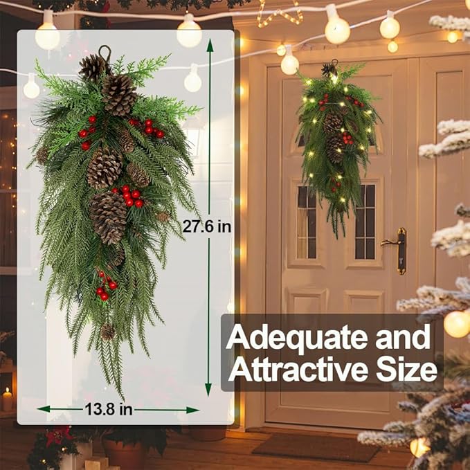 2025 Upgraded 27.6inch Prelit Christmas Teardrop Swag Norfolk Pine Swags Christmas Wreaths with Lights Greenery Stairway Swags Staircase Decorations for Door Indoor Outdoor Home Hanging Decor
