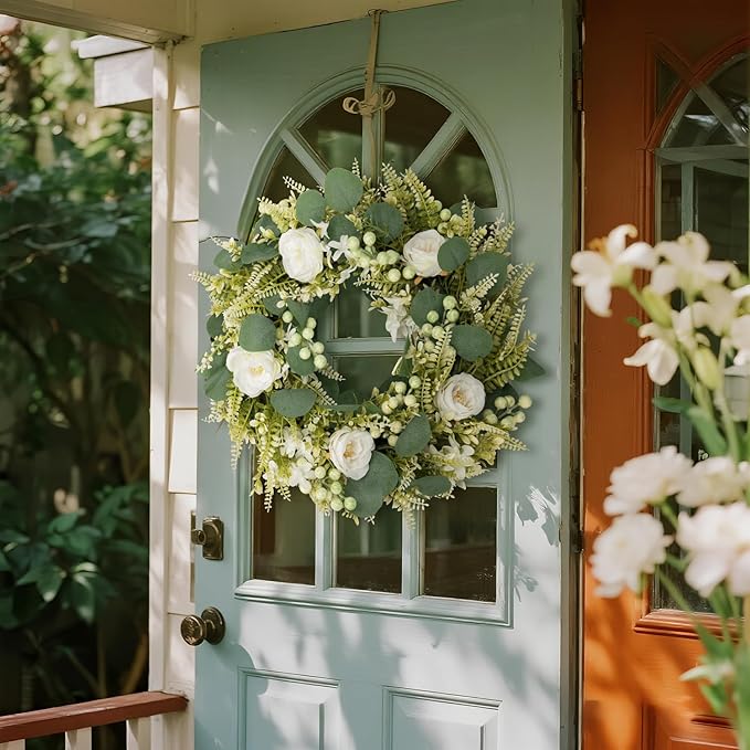 Spring Summer Wreaths for Front Door Artificial Rose Eucalyptus Berries Green Wreath Spring Summer Door Wreath for Farmhouse Wedding Festival Party Indoor Outdoor All Season Home Decor
