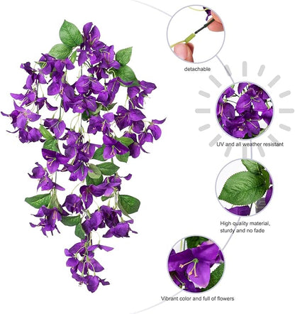 2PCS Bougainvillea Artificial Hanging Flowers Plants for Outdoors Outside Summer Decoration, Faux Silk Flowers Fake Vines UV Resistant Look Real Realistic for Front Door Porch Planter Balcony, Purple