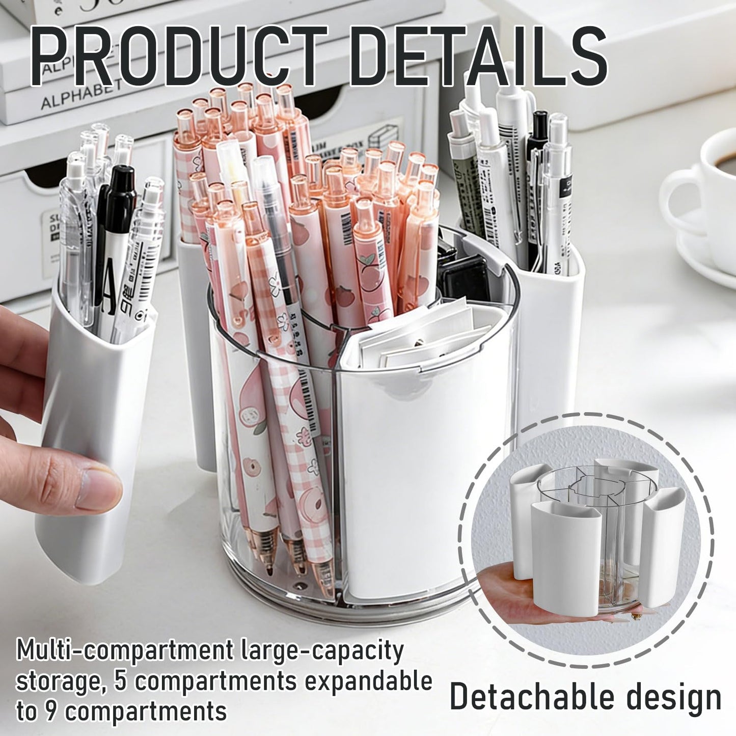 Hikiwin 360 Rotating Plastic Desk Pen Organizer, Rotating Detachable Desk Organizer, Multi Compartment Pen Holder, 5 Slots Unique Make Up Brushes Cup for Cosmetics, Art Supply, White, 1 Piece