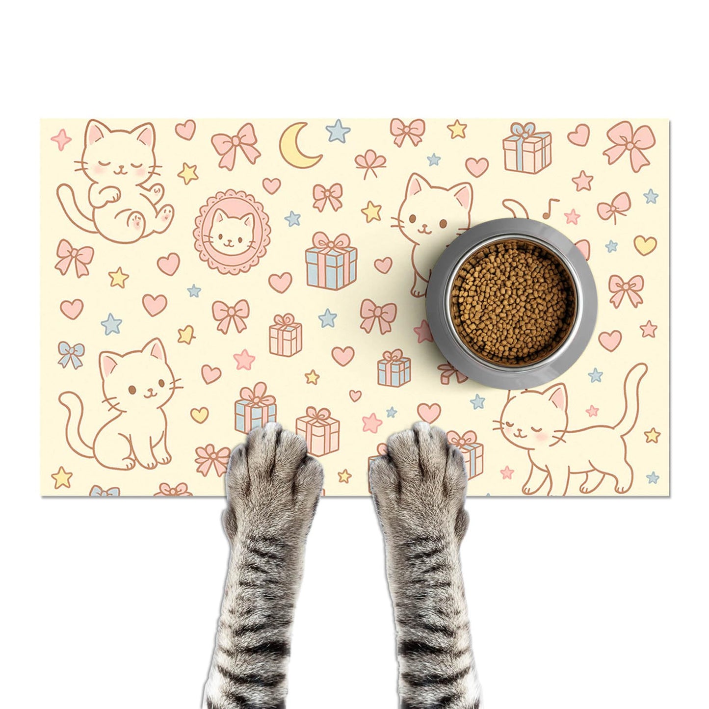 HOMETITUTE Cute Cat Pet Feeding Mat Adorable Kitten Food Placemat with Gift Bow and Star Print for Dogs and Cats Sweet Non Slip Mat for Dog Cat Food and Water Bowls Home Kitchen Decoration 20" x 12"