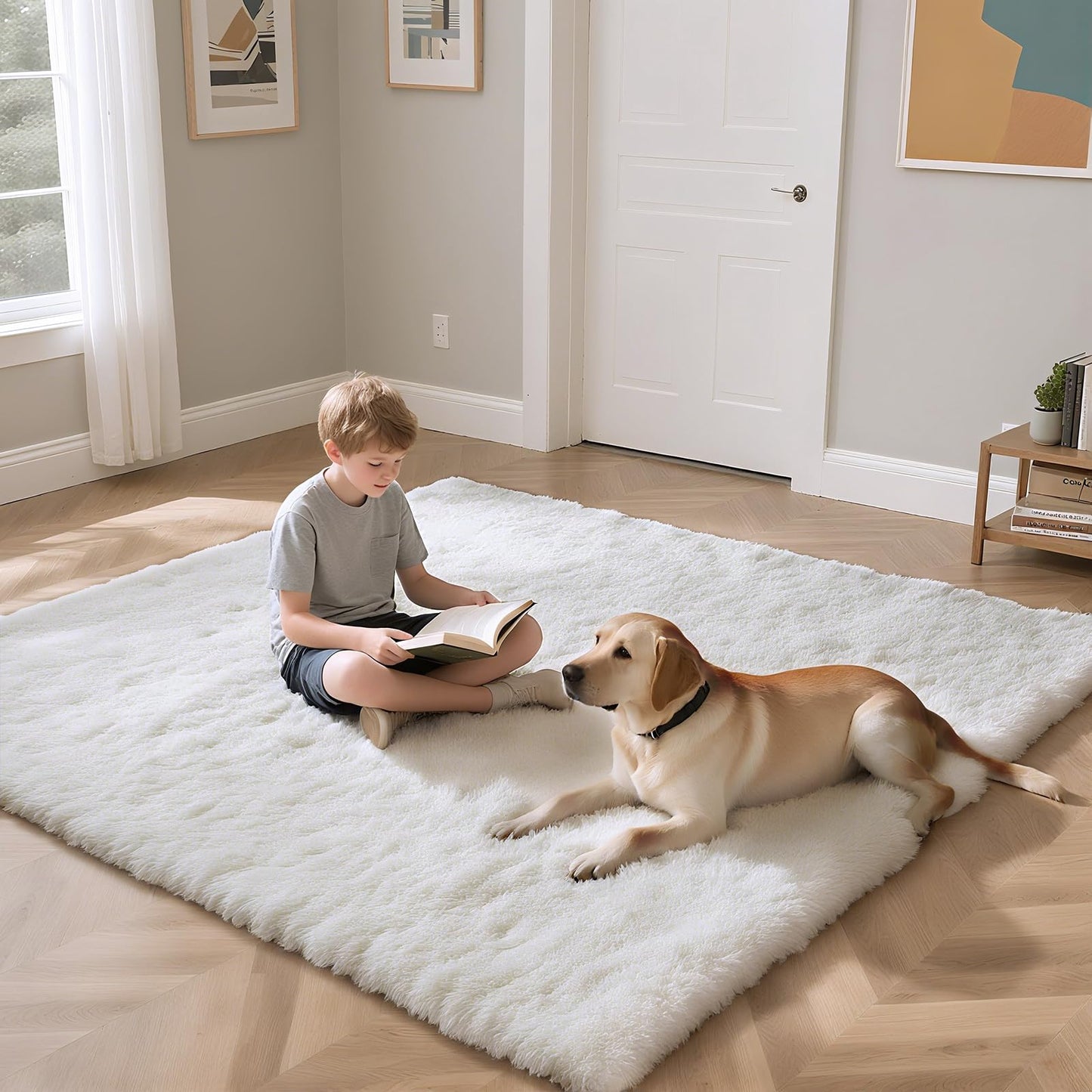 Fluffy Rug Shag Area Rug, White 4x6 Area Rugs for Bedroom, Small Bedside Rug, Soft Fluffy Shag Entryway Throw Rugs for Living Room Bedroom Room Home Decor