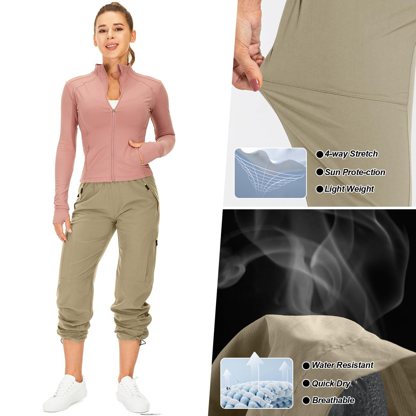 Womens Hiking Pants Sun Protection Quick Dry UPF 50 Lightweight Travel Golf Cargo Safari Pants Zipper Pockets,6608,Khaki,Tall XS