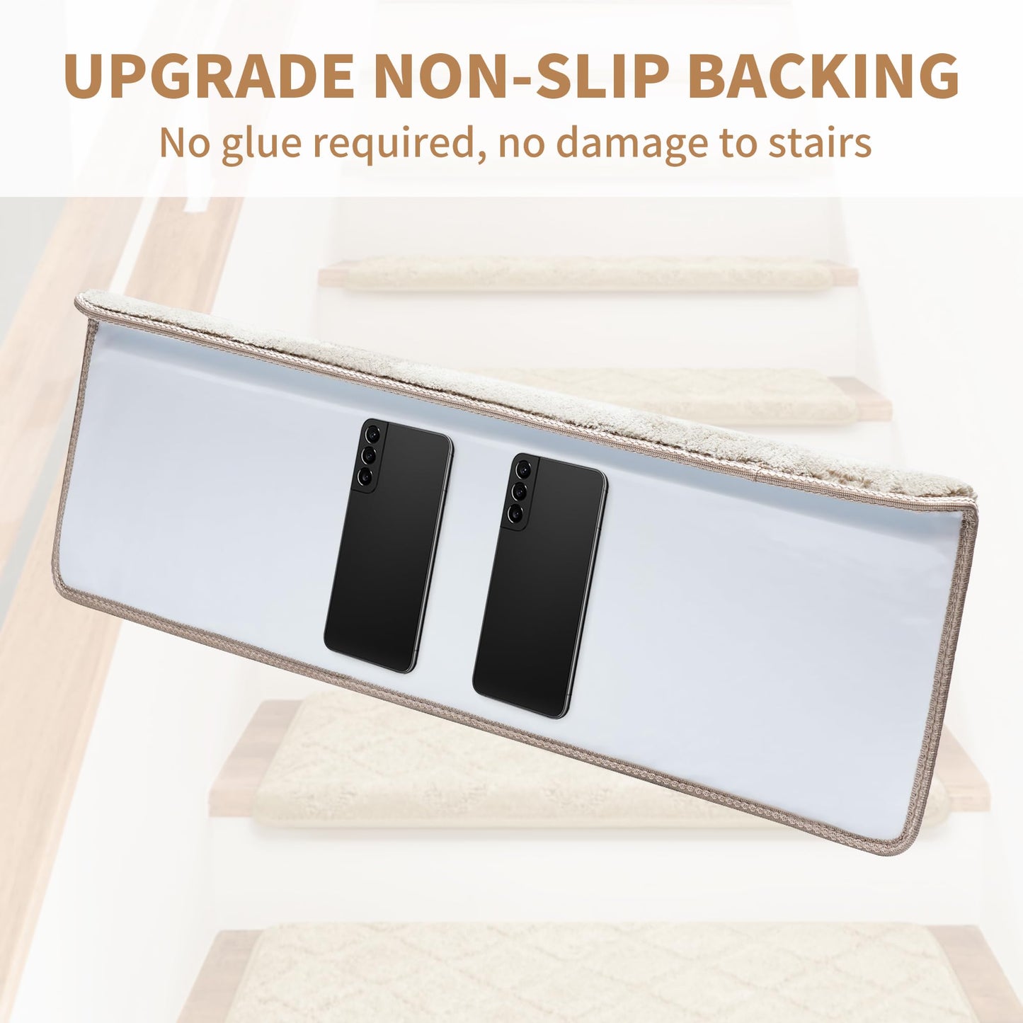 NEKL Bullnose Stair Treads Non Slip 9.5" x 32", 14 Pcs Ultra Plush Carpet Stair Treads for Wooden Steps Indoor with Edge Protection, Reusable Peel and Stick TPU Backing Stair Runner Rugs - Beige Gray