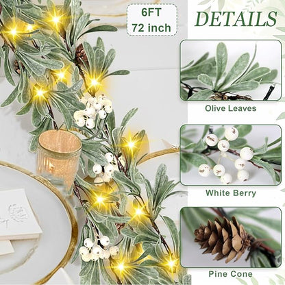 6ft Christmas Garland with Lights – Artificial Greenery Olive Garland with White Berries, Pinecones & Warm LED Fairy Lights – Holiday Garland for Home, Wedding, Party Decorations