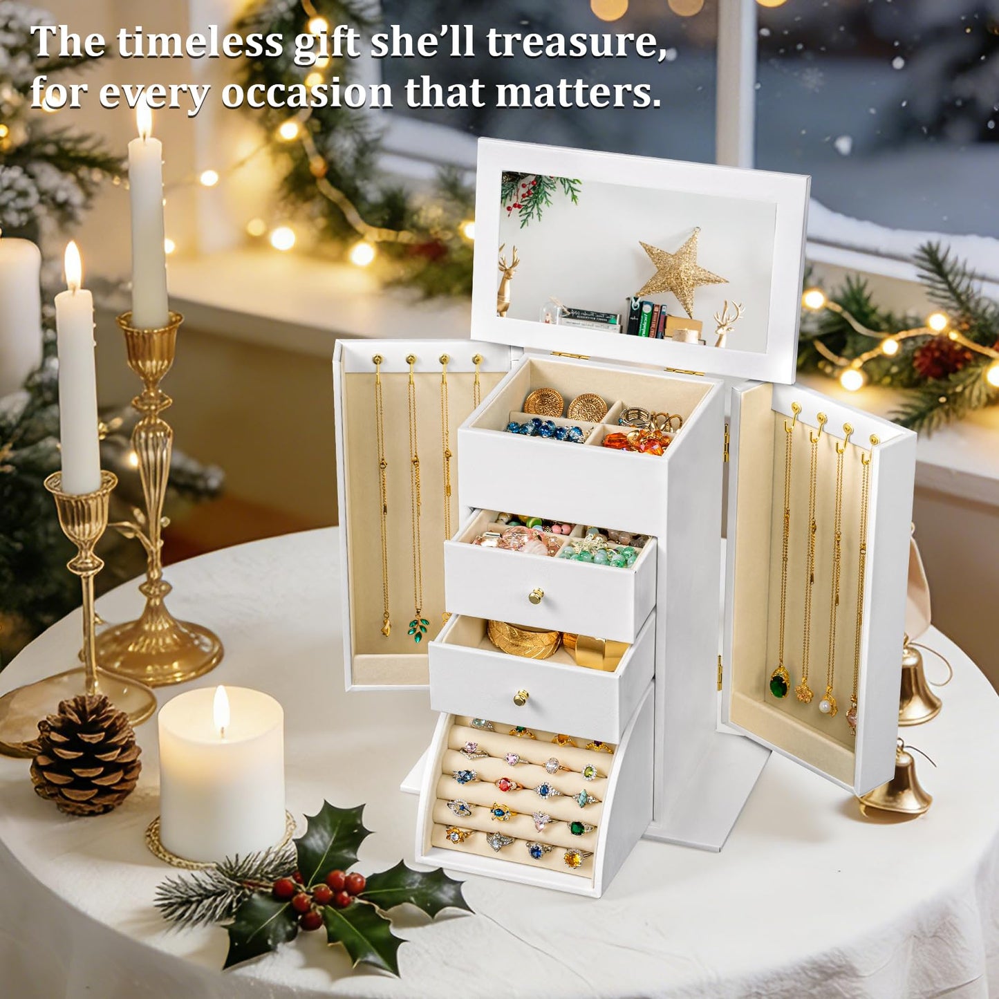 Emfogo Synthetic Leather Jewelry Box Organizer, Large Jewelry Boxes Storage with Mirror Velvet Interior, 4 Tier Jewlery Organizers for Women Girls Dedicated Slots for Ring Necklace (White)