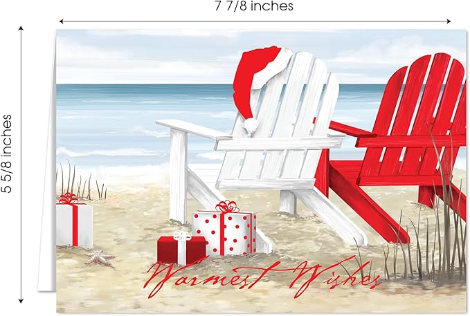 Masterpiece Beach Chairs Cards / 16 Warmest Wishes Coastal Holiday Card Set With Red Foil And White Envelopes / 5 5/8" x 7 7/8" Tropical Vacation Greeting Cards With Meaningful Inside Verse