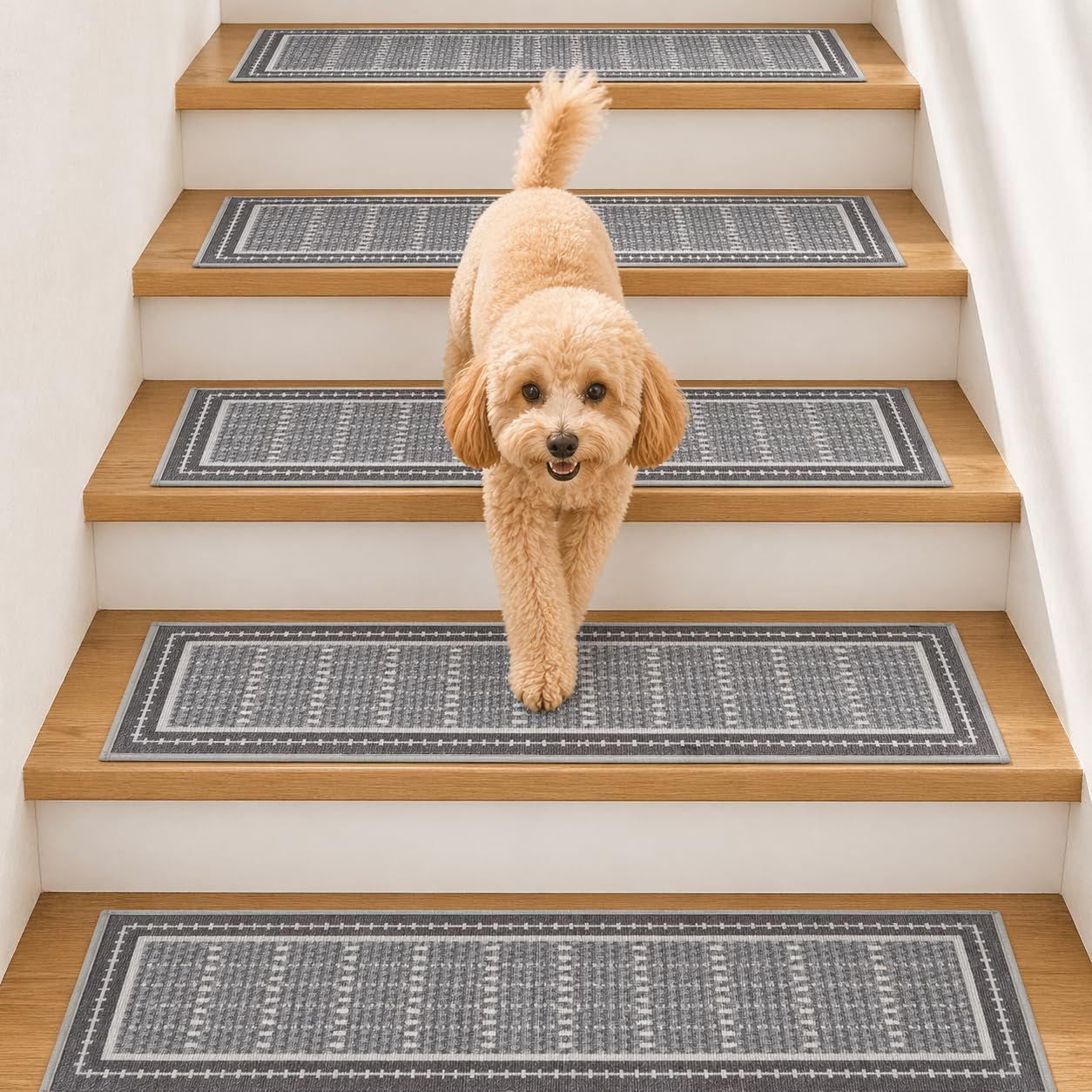 Mollydot Stair Treads Non Slip 15PCS - 8"x30" Indoor Stair Runners for Wooden Steps, Soft Carpet Stair Treads, Edging Stair Rugs, Peel and Stick Stair Treads Washable Reusable Self-Adhesive (Grey)