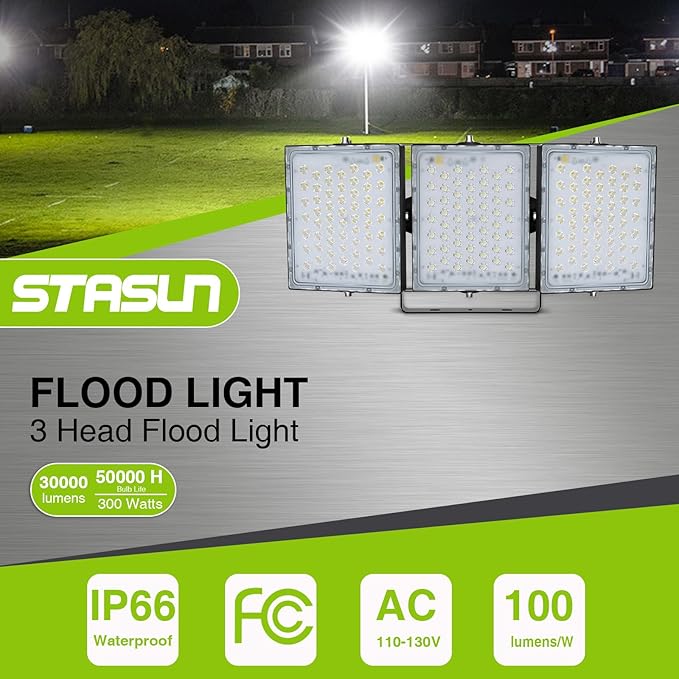 STASUN Flying Series Pro 300W 30000LM Outdoor LED Flood Light, 110V-130V, IP66 Waterproof, 6000K White, 3 Adjustable Heads for Stadium, Arena, Court, Commercial, Backyard, Street, and Parking Lot