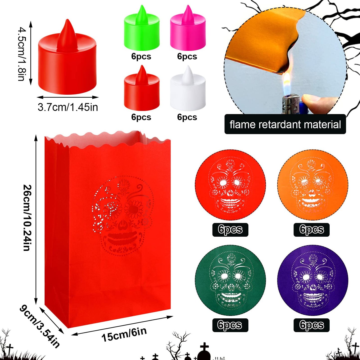 Meanplan 32 Set Day of The Dead Luminary Bags with 32 LED Tea Lights Flameless Candles, Dia De Los Muertos Luminary Mexican Christmas Paper Lantern Bags for Party Decor