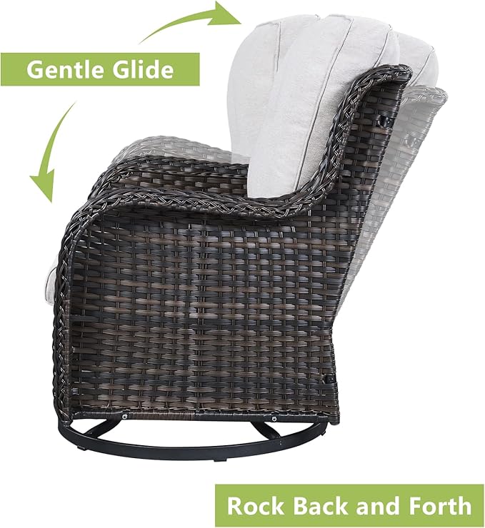 Rilyson Wicker Rocking Chair Swivel Chairs – 6 Piece Rocker Patio Furniture Set Rattan Rocking Bistro Sets with Glass Top Side Table for Outdoor Porch Deck Garden Backyard(Brown/Beige)
