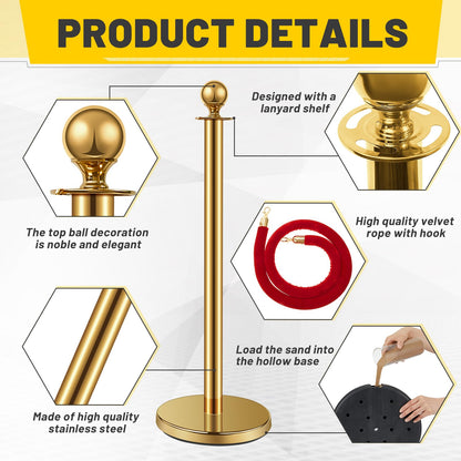 Ferraycle 4 Pcs 2026 Prom Stainless Steel Stanchion 5 ft Velvet Carpet Ropes and Pole Crowd Control Barriers Grand Opening Casino Movie Theme Party 360 Photo Booth Accessories (Gold)