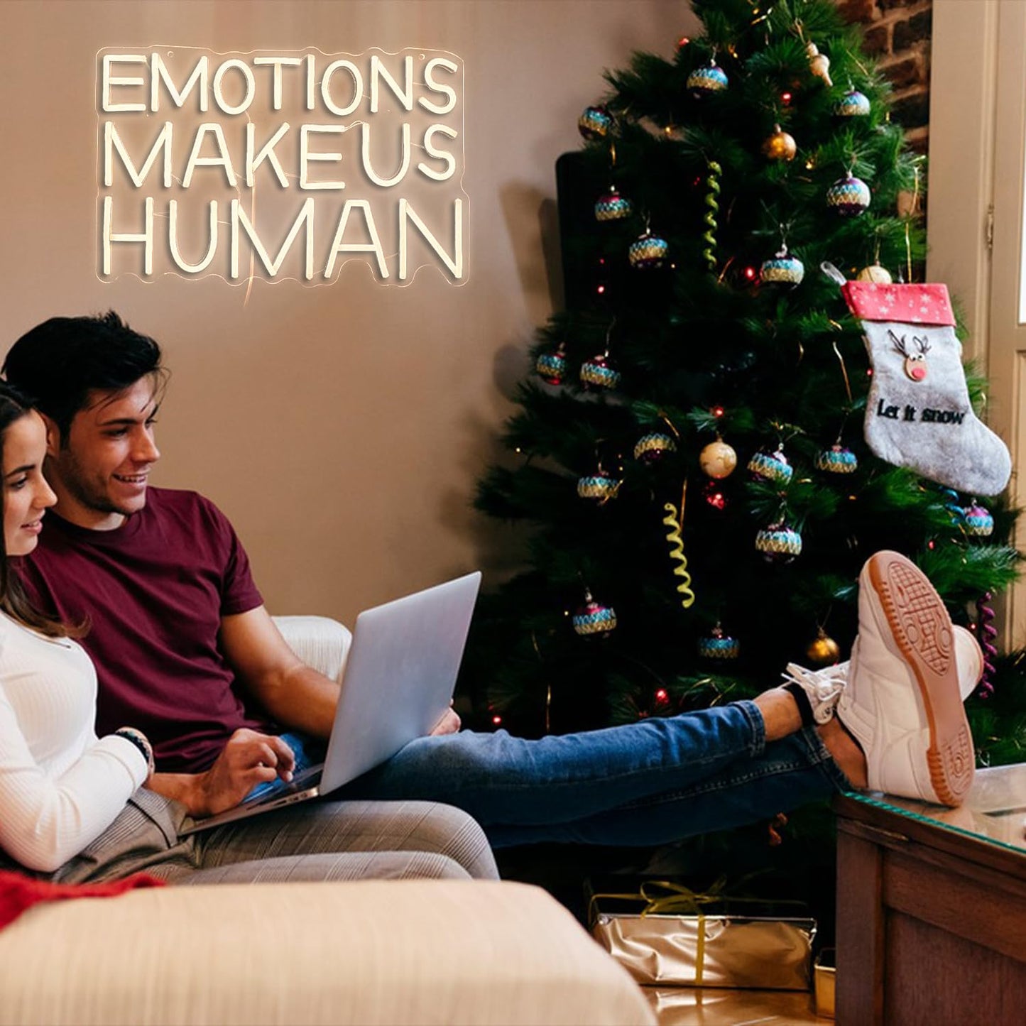 JLEWUINH Emotions Make Us Human Neon Sign Dimmable Switch Neon Signs for Wall Decor USB Warm White Led Light Up Signs for Home Museum Bar(16.5”*10.6”)