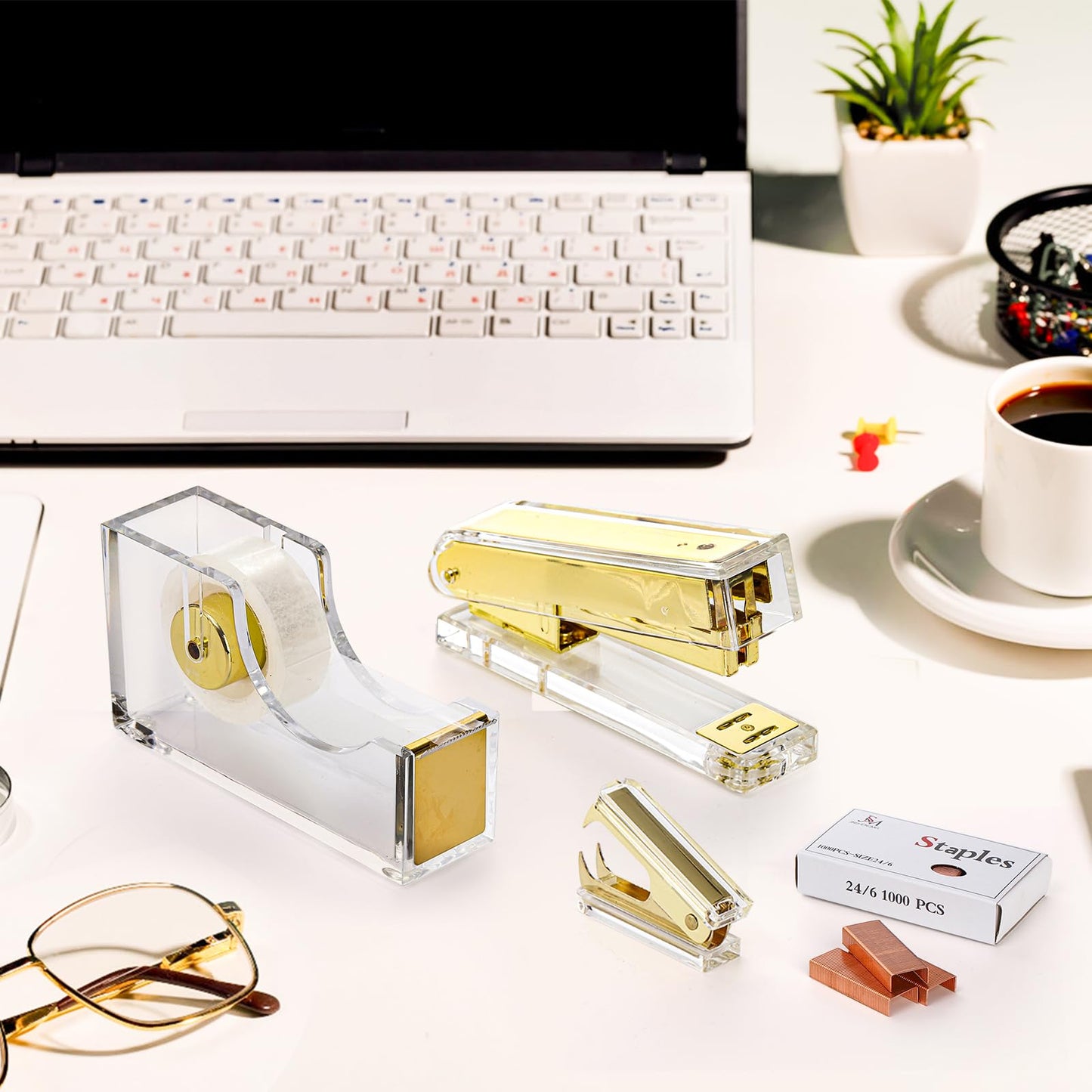 Hiceeden Acrylic Gold Stapler and Tape Dispenser Set, Desk Accessories Office Supplies Includes Tape, Staple Remover and 1000pcs 24/6 Staples, Modern Cute Stapler Set for Desk