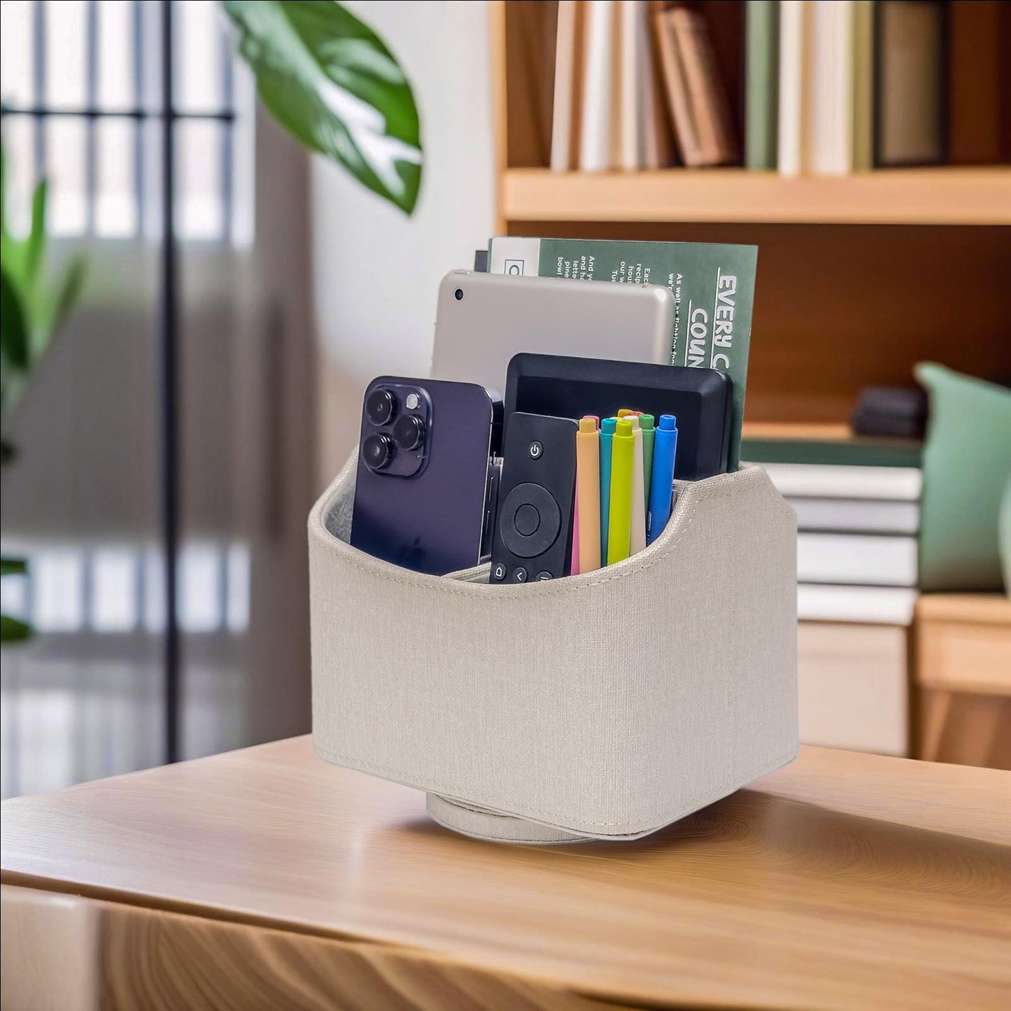 UnionBasic Rotating Desk Organizer, 360 Desk Spinning Caddy, Desktop TV Guide/Mail/Media/Remote Controller Holder Organizer, Beige