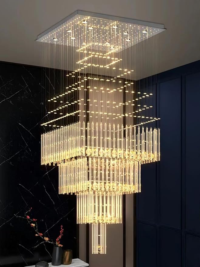 Flashing God D32''X H100'' Modern Crystal Chandelier, Raindrop Chandelier for Entryway, Large Chandeliers for High Ceilings, Staircase, Foyer, Living Room, 4-Tier Hanging Light Fixture