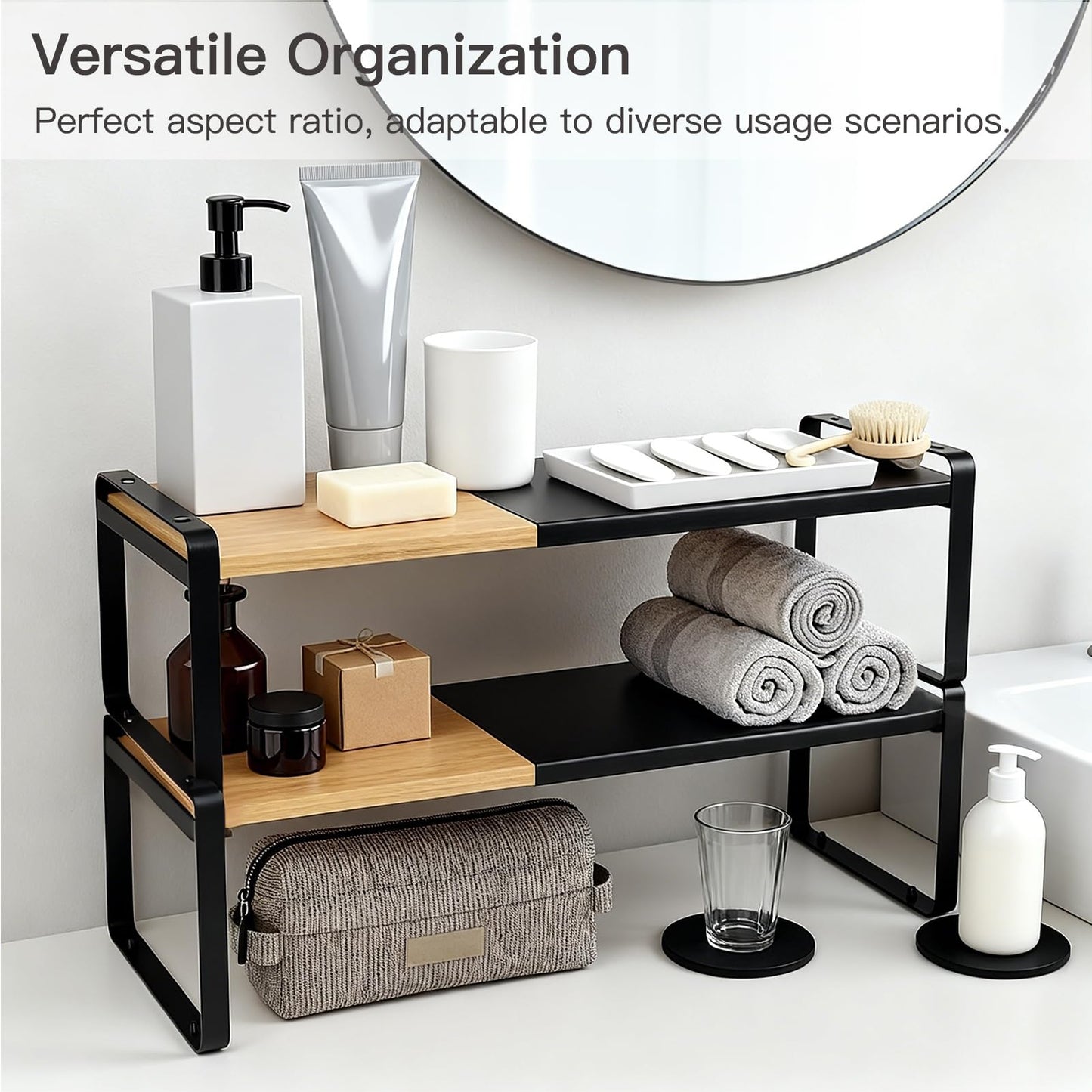 Solcasaco Expandable Desk Shelf Organizer, Sturdy Bamboo Desktop Riser for Monitor, Laptop & Office Storage, Modern Workspace Stand Accessories (Black)