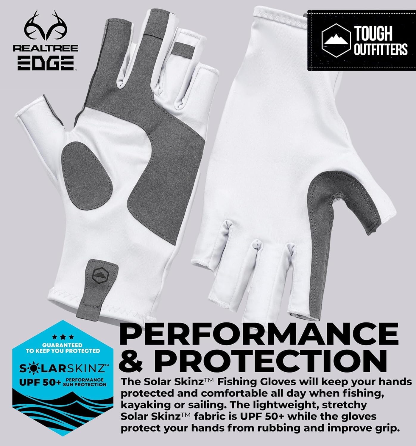 Tough Outdoors Fingerless Fishing Gloves - UPF 50+ UV Gloves - Reinforced Grip for Kayaking & Rowing - Fishing Accessories - White - L/XL