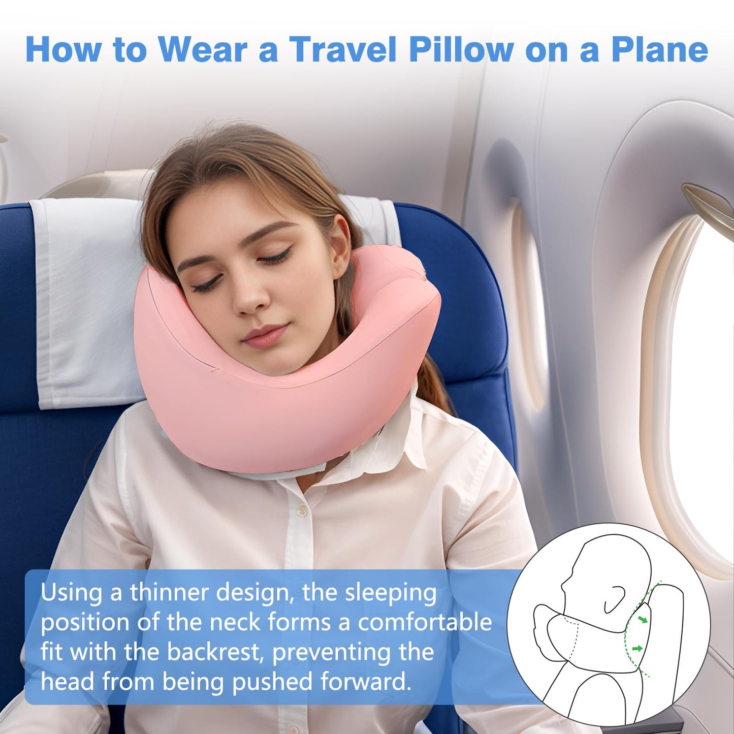 jiaao Neck Pillow Airplane, Memory Foam Travel Neck Pillows for Long Flight, 3D Eye Masks, Ear Plugs and Portable Drawstring Bag, Napping Pillow for Home, Road Trips, Sleep Rest and Travel Use