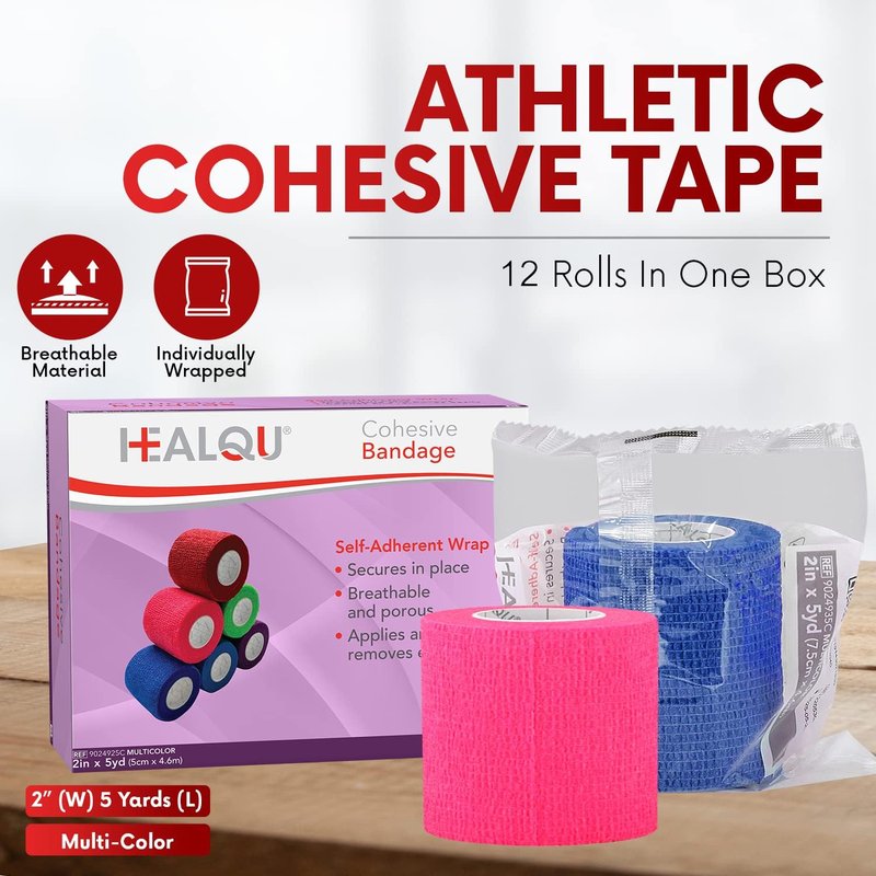 Self Adhesive Bandage Wrap - 12 Rolls 2" x 5yd Cohesive Medical Tape | Flexible Elastic Bandages for Sports & Pets