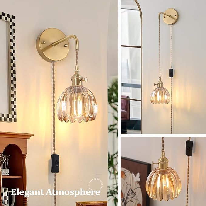 Vintage Wall Sconce Wall Lamp with Amber Tulip Glass Shade Hanging Wall Sconce with 4.9FT Plug in Cord, Modern Wall Lamp Fixtures Decor for Bedside Bedroom Indoor Doorway