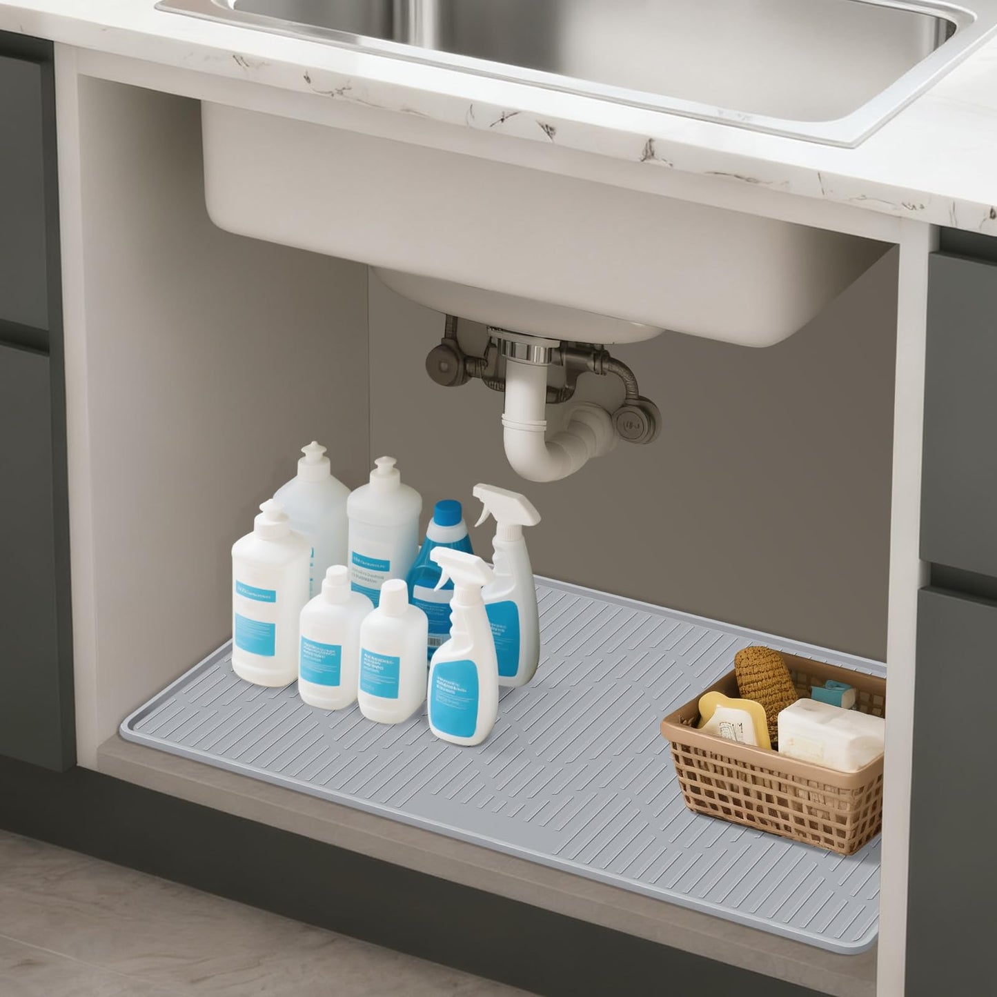 Lanstics 24" x 24" Under Sink Mat for Kitchen Lanstics Under Sink Organizer Waterproof Raised Edge Silicone Mat Sink Protector Silicone Organizers Tray for Kitchen Bathroom