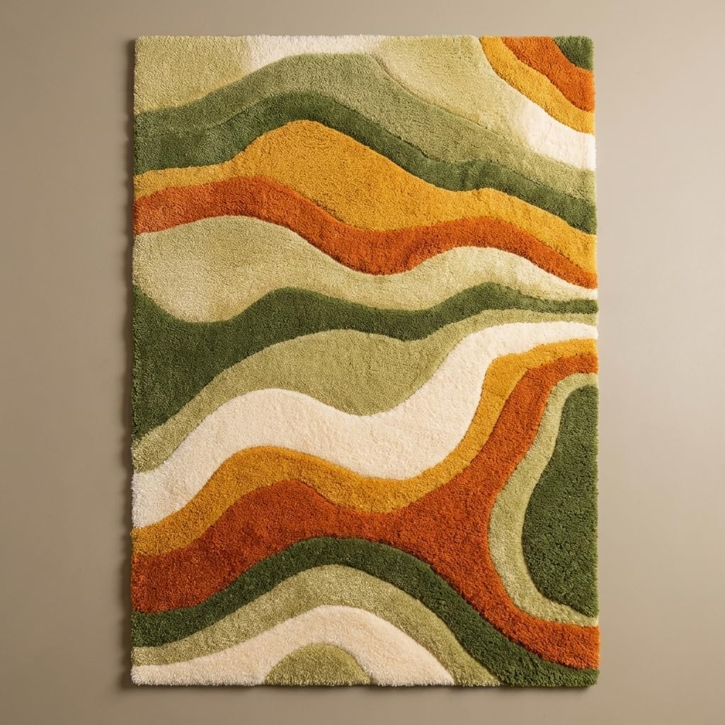 Hand Tufted Abstract Area Rug Wool Modern Wavy Pattern Carpet in Rust Orange Olive Green Cream for Living Room Bedroom Boho Decor Soft Plush Handmade Contemporary Floor Rug (2x2 ft / 60x60 cm)